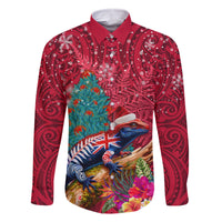 New Zealand Tuatara Christmas Family Matching Long Sleeve Bodycon Dress and Hawaiian Shirt Silver Fern and Xmas Pohutukawa Tree Red Color