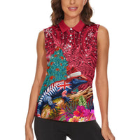 New Zealand Tuatara Christmas Women Sleeveless Polo Shirt Silver Fern and Xmas Pohutukawa Tree Red Color