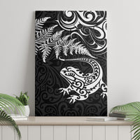 New Zealand Tuatara Tribal Tattoo Canvas Wall Art Silver Fern and Maori Pattern Black Color