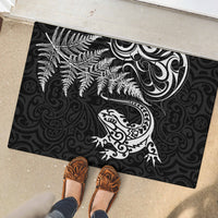 New Zealand Tuatara Tribal Tattoo Rubber Doormat Silver Fern and Maori Pattern Black Color