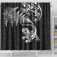 New Zealand Tuatara Tribal Tattoo Shower Curtain Silver Fern and Maori Pattern Black Color