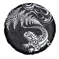 New Zealand Tuatara Tribal Tattoo Spare Tire Cover Silver Fern and Maori Pattern Black Color