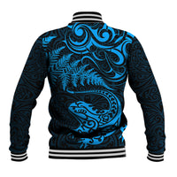 New Zealand Tuatara Tribal Tattoo Baseball Jacket Silver Fern and Maori Pattern Blue Color