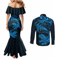 New Zealand Tuatara Tribal Tattoo Couples Matching Mermaid Dress and Long Sleeve Button Shirt Silver Fern and Maori Pattern Blue Color LT03 - Polynesian Pride