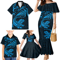 New Zealand Tuatara Tribal Tattoo Family Matching Mermaid Dress and Hawaiian Shirt Silver Fern and Maori Pattern Blue Color