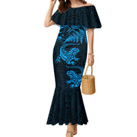 New Zealand Tuatara Tribal Tattoo Mermaid Dress Silver Fern and Maori Pattern Blue Color