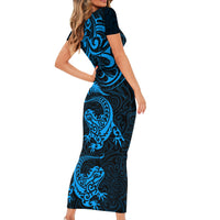 New Zealand Tuatara Tribal Tattoo Short Sleeve Bodycon Dress Silver Fern and Maori Pattern Blue Color