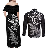 New Zealand Octopus Tattoo and Fern Couples Matching Off Shoulder Maxi Dress and Long Sleeve Button Shirt Maori Pattern