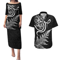 New Zealand Octopus Tattoo and Fern Couples Matching Puletasi and Hawaiian Shirt Maori Pattern LT03 Black - Polynesian Pride