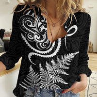 New Zealand Octopus Tattoo and Fern Women Casual Shirt Maori Pattern