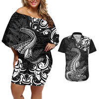 New Zealand Crocodile Tattoo and Fern Couples Matching Off Shoulder Short Dress and Hawaiian Shirt Maori Pattern