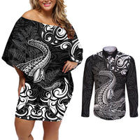 New Zealand Crocodile Tattoo and Fern Couples Matching Off Shoulder Short Dress and Long Sleeve Button Shirt Maori Pattern