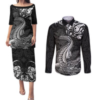 New Zealand Crocodile Tattoo and Fern Couples Matching Puletasi and Long Sleeve Button Shirt Maori Pattern