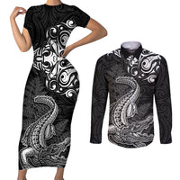 New Zealand Crocodile Tattoo and Fern Couples Matching Short Sleeve Bodycon Dress and Long Sleeve Button Shirt Maori Pattern