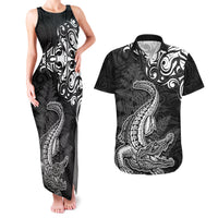 New Zealand Crocodile Tattoo and Fern Couples Matching Tank Maxi Dress and Hawaiian Shirt Maori Pattern