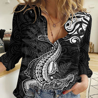 New Zealand Crocodile Tattoo and Fern Women Casual Shirt Maori Pattern
