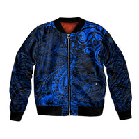 New Zealand Crocodile Tattoo and Fern Bomber Jacket Maori Pattern Blue Color