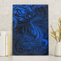 New Zealand Crocodile Tattoo and Fern Canvas Wall Art Maori Pattern Blue Color