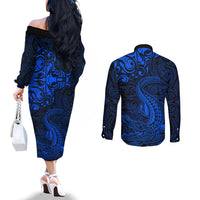 New Zealand Crocodile Tattoo and Fern Couples Matching Off The Shoulder Long Sleeve Dress and Long Sleeve Button Shirt Maori Pattern Blue Color