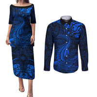 New Zealand Crocodile Tattoo and Fern Couples Matching Puletasi and Long Sleeve Button Shirt Maori Pattern Blue Color