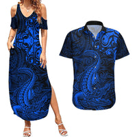 New Zealand Crocodile Tattoo and Fern Couples Matching Summer Maxi Dress and Hawaiian Shirt Maori Pattern Blue Color