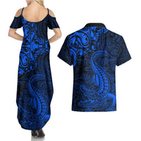 New Zealand Crocodile Tattoo and Fern Couples Matching Summer Maxi Dress and Hawaiian Shirt Maori Pattern Blue Color LT03 - Polynesian Pride