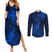 New Zealand Crocodile Tattoo and Fern Couples Matching Summer Maxi Dress and Long Sleeve Button Shirt Maori Pattern Blue Color