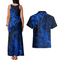 New Zealand Crocodile Tattoo and Fern Couples Matching Tank Maxi Dress and Hawaiian Shirt Maori Pattern Blue Color