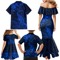 New Zealand Crocodile Tattoo and Fern Family Matching Mermaid Dress and Hawaiian Shirt Maori Pattern Blue Color