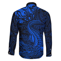New Zealand Crocodile Tattoo and Fern Family Matching Off Shoulder Short Dress and Hawaiian Shirt Maori Pattern Blue Color