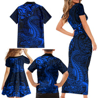 New Zealand Crocodile Tattoo and Fern Family Matching Short Sleeve Bodycon Dress and Hawaiian Shirt Maori Pattern Blue Color