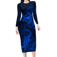 New Zealand Crocodile Tattoo and Fern Long Sleeve Bodycon Dress Maori Pattern Blue Color