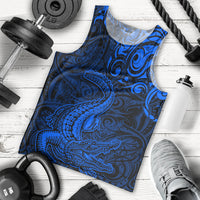 New Zealand Crocodile Tattoo and Fern Men Tank Top Maori Pattern Blue Color
