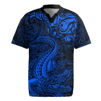 New Zealand Crocodile Tattoo and Fern Rugby Jersey Maori Pattern Blue Color