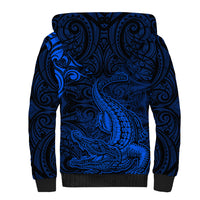New Zealand Crocodile Tattoo and Fern Sherpa Hoodie Maori Pattern Blue Color
