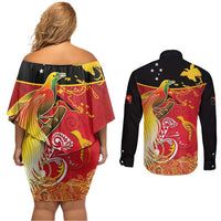 Papua New Guinea Independence Day Couples Matching Off Shoulder Short Dress and Long Sleeve Button Shirt Happy Anniversary 50th Bird-of-paradise Melanesian Tattoos - Polynesian Pride