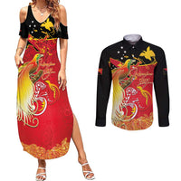 Papua New Guinea Independence Day Couples Matching Summer Maxi Dress and Long Sleeve Button Shirt Happy Anniversary 50th Bird-of-paradise Melanesian Tattoos - Polynesian Pride