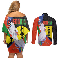 New Caledonia Couples Matching Off Shoulder Short Dress and Long Sleeve Button Shirt Kagu Bird and The Seal with Melanesian Culture - Polynesian Pride