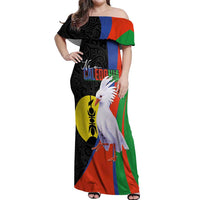 New Caledonia Off Shoulder Maxi Dress Kagu Bird and The Seal with Melanesian Culture - Polynesian Pride