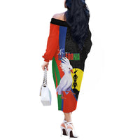 New Caledonia Off The Shoulder Long Sleeve Dress Kagu Bird and The Seal with Melanesian Culture - Polynesian Pride
