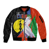 New Caledonia Sleeve Zip Bomber Jacket Kagu Bird and The Seal with Melanesian Culture LT03 Unisex Black - Polynesian Pride