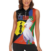 New Caledonia Women Sleeveless Polo Shirt Kagu Bird and The Seal with Melanesian Culture - Polynesian Pride