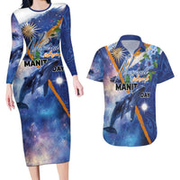 Marshall Islands Manit Day Couples Matching Long Sleeve Bodycon Dress and Hawaiian Shirt Grunge National Flag with Whales and Tribal Tattoos - Polynesian Pride