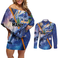 Marshall Islands Manit Day Couples Matching Off Shoulder Short Dress and Long Sleeve Button Shirt Grunge National Flag with Whales and Tribal Tattoos - Polynesian Pride