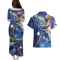 Marshall Islands Manit Day Couples Matching Puletasi and Hawaiian Shirt Grunge National Flag with Whales and Tribal Tattoos - Polynesian Pride