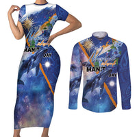 Marshall Islands Manit Day Couples Matching Short Sleeve Bodycon Dress and Long Sleeve Button Shirt Grunge National Flag with Whales and Tribal Tattoos - Polynesian Pride
