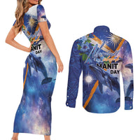 Marshall Islands Manit Day Couples Matching Short Sleeve Bodycon Dress and Long Sleeve Button Shirt Grunge National Flag with Whales and Tribal Tattoos - Polynesian Pride