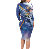 Marshall Islands Manit Day Family Matching Long Sleeve Bodycon Dress and Hawaiian Shirt Grunge National Flag with Whales and Tribal Tattoos - Polynesian Pride