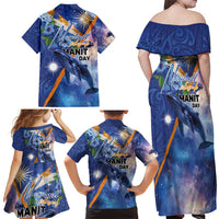 Marshall Islands Manit Day Family Matching Off Shoulder Maxi Dress and Hawaiian Shirt Grunge National Flag with Whales and Tribal Tattoos - Polynesian Pride
