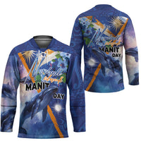 Marshall Islands Manit Day Hockey Jersey Grunge National Flag with Whales and Tribal Tattoos - Polynesian Pride